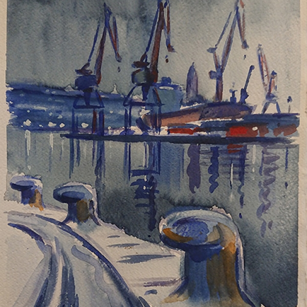 Konst, akvarell, Göteborgsmotiv, Göteborgs hamn, målad av Göteborgskonstnären Carl Bjerkås