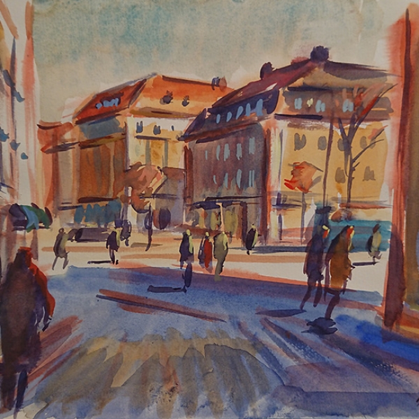 Konst, akvarell, Göteborgsmotiv, målad av Göteborgskonstnären Carl Bjerkås
