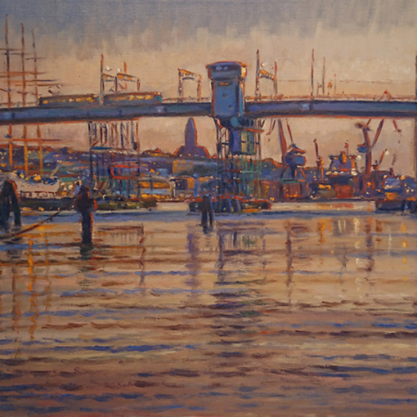 Konst, oljemålning, Göteborgsmotiv, Göteborgs hamn, Götaälvbron, målad av Göteborgskonstnären Carl Bjerkås