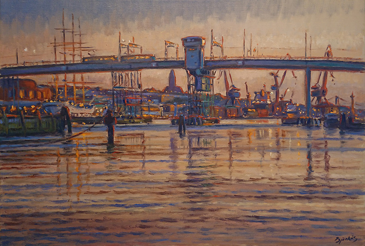 Konst, oljemålning, Göteborgsmotiv, Göteborgs hamn, Götaälvbron, målad av Göteborgskonstnären Carl Bjerkås