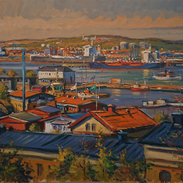 Konst, oljemålning, Göteborgsmotiv, Göteborgs hamn, målad av Göteborgskonstnären Carl Bjerkås