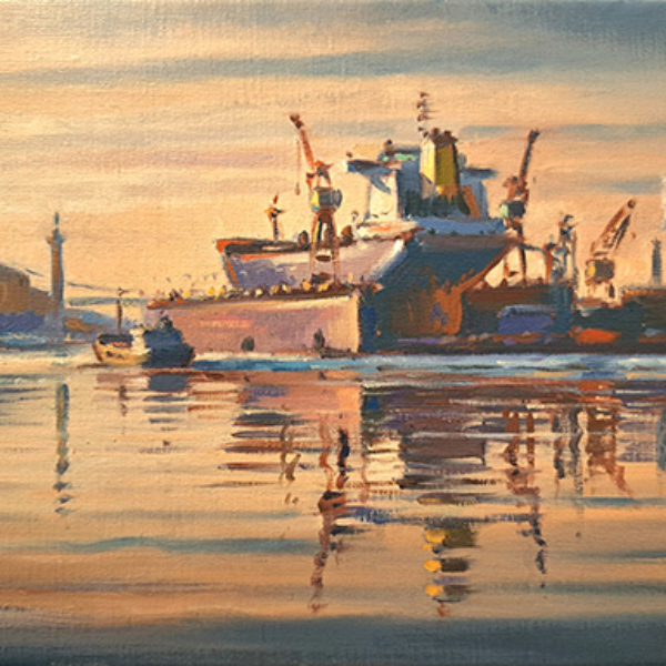 Konst, oljemålning, Göteborgsmotiv, Göteborgs hamn, målad av Göteborgskonstnären Carl Bjerkås