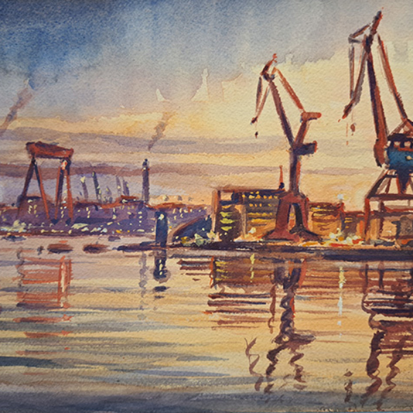 Konst, akvarell, Göteborgsmotiv, Göteborgs hamn, målad av Göteborgskonstnären Carl Bjerkås