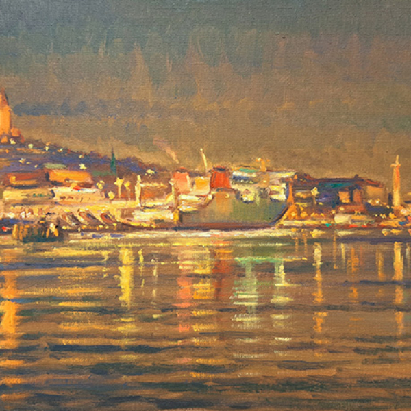 Konst, oljemålning, Göteborgsmotiv, Göteborgs hamn, målad av Göteborgskonstnären Carl Bjerkås