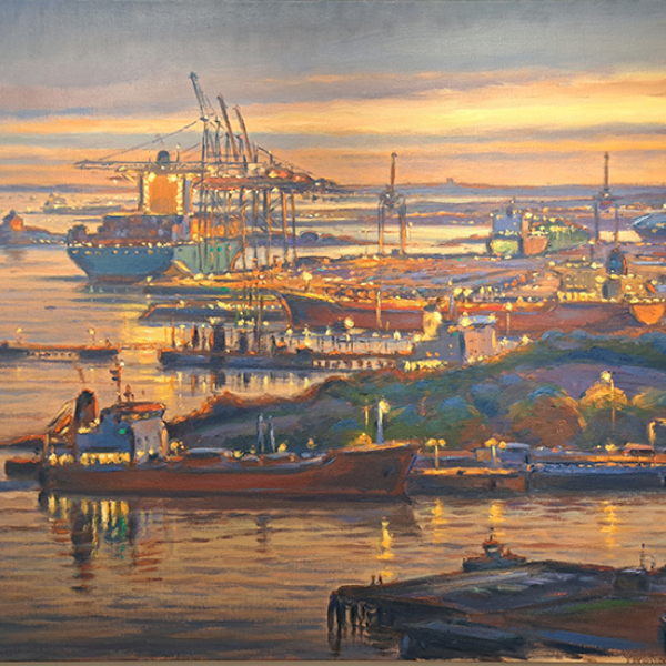 Konst, oljemålning, Göteborgsmotiv, Göteborgs hamn, målad av Göteborgskonstnären Carl Bjerkås