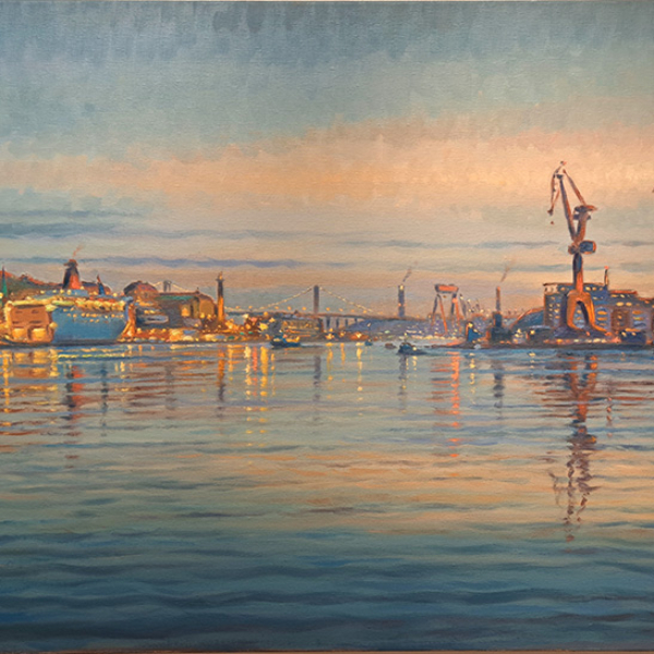 Konst, oljemålning, Göteborgsmotiv, Göteborgs hamn, målad av Göteborgskonstnären Carl Bjerkås