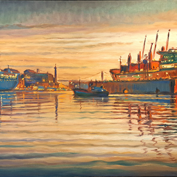 Konst, oljemålning, Göteborgsmotiv, Göteborgs hamn, målad av Göteborgskonstnären Carl Bjerkås