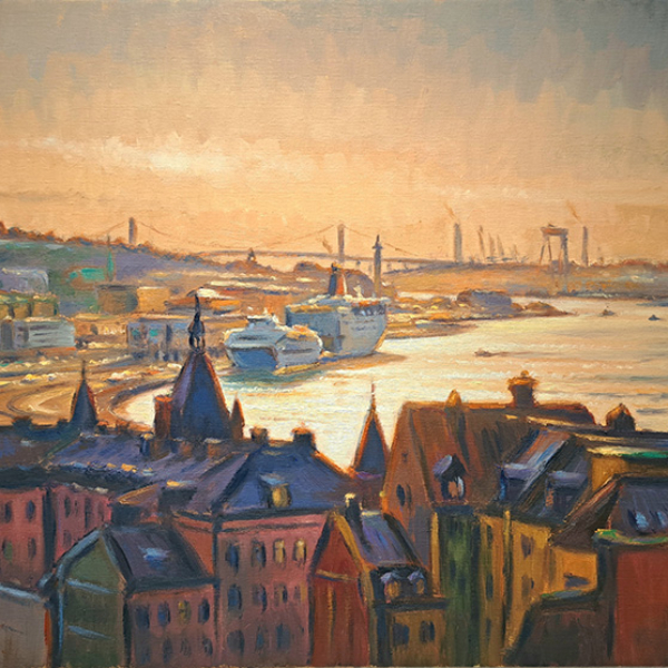 Konst, oljemålning, Göteborgsmotiv, Göteborgs hamn, målad av Göteborgskonstnären Carl Bjerkås