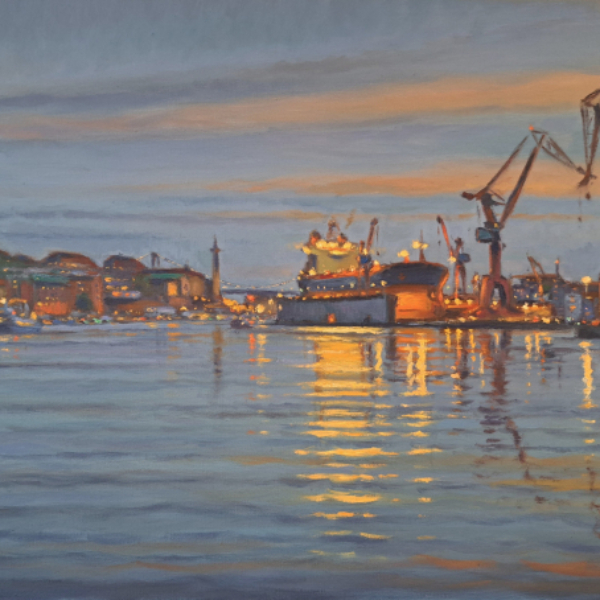 Konst, oljemålning, Göteborgsmotiv, Göteborgs hamn, målad av Göteborgskonstnären Carl Bjerkås