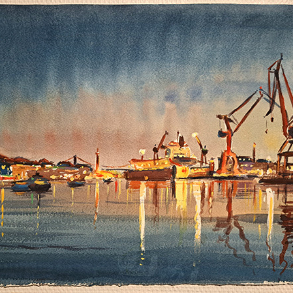 Konst, akvarell, Göteborgsmotiv, Göteborgs hamn, målad av Göteborgskonstnären Carl Bjerkås