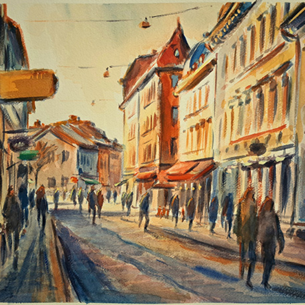 Konst, akvarell, Göteborgsmotiv, målad av Göteborgskonstnären Carl Bjerkås